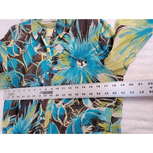 Chico's Women's Sheer Blouse Tunic Long Sleeve Waist Drawstring Floral Size 2 - Picture 6 of 7